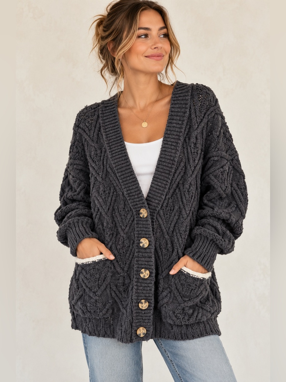 Free People Montana Cable Knit Cardigan Charcoal Black Cream Trim Size S